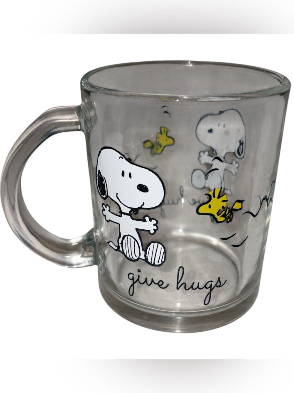 NEW Peanuts SNOOPY & WOODSTOCK "give hugs" Large 17oz Clear Glass Coffee/Tea Cup